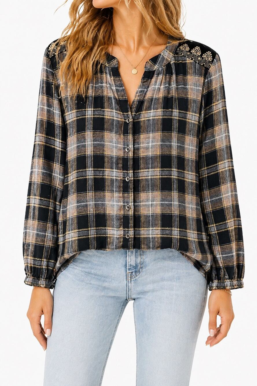SUNDANCE Black Plaid Boho Blouse Top Cotton Velvet Peasant Shirt | Small